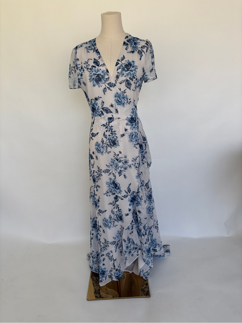 NWT Wayf White and Blue Floral Wrap Maxi Dress